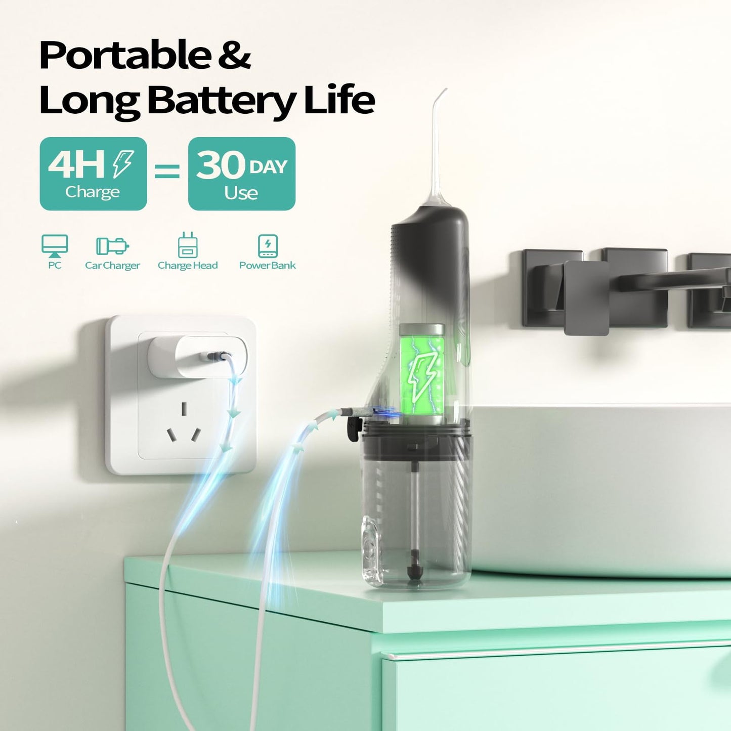 Dermaxgen inc Cordless Water Flossers for Teeth Braces Care, Portable Travel Dental Floss 4 Modes 260ML Rechargeable Oral Irrigator with 5 Jet Tips, Black