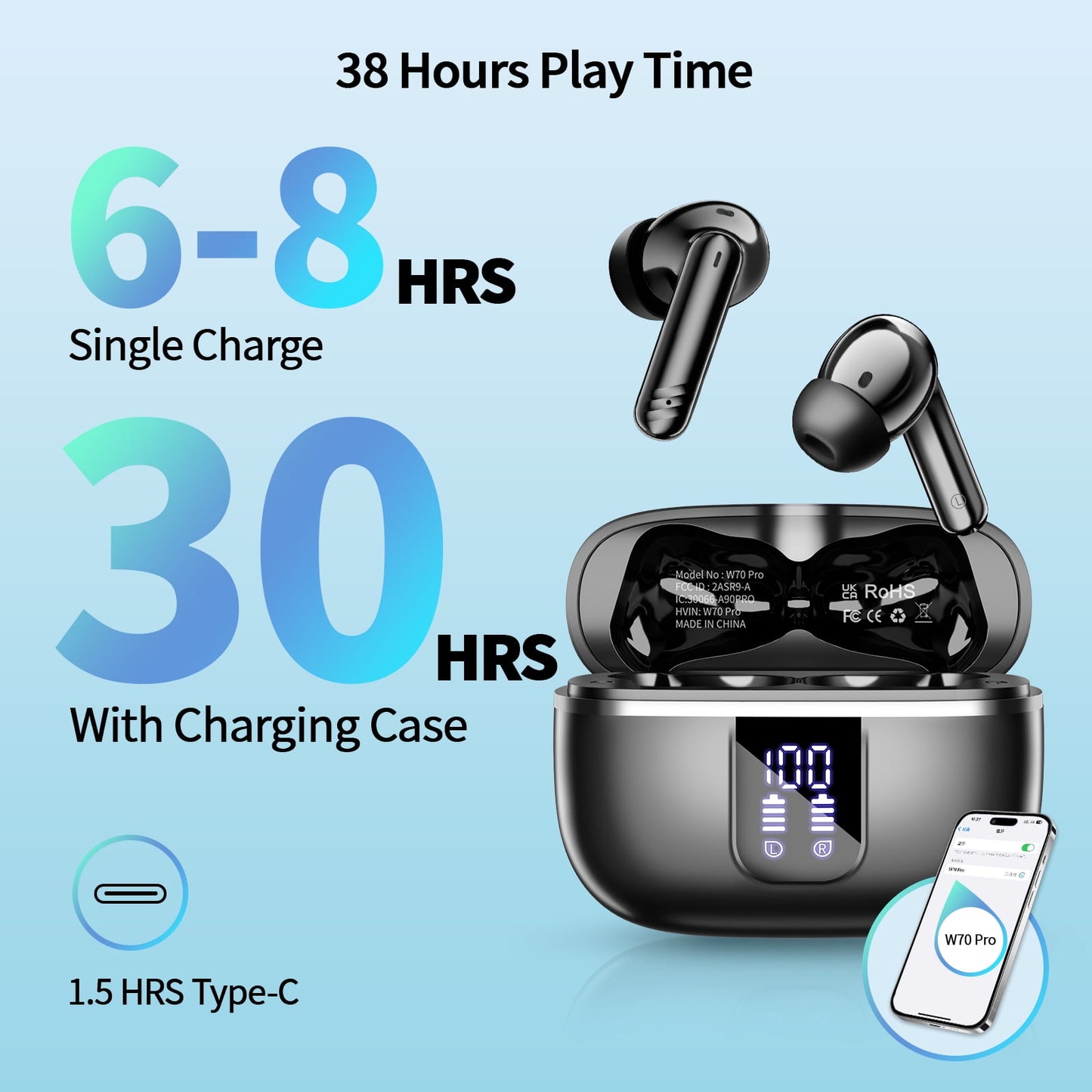 Dermaxgen inc Wireless Bluetooth Earbuds, Noise Cancelling Headphones with Deep Bass Stereo, 38H Playtime, LED Display, Waterproof in Ear Buds Earphone with Mic for iPhone Android Sports Workout, Black