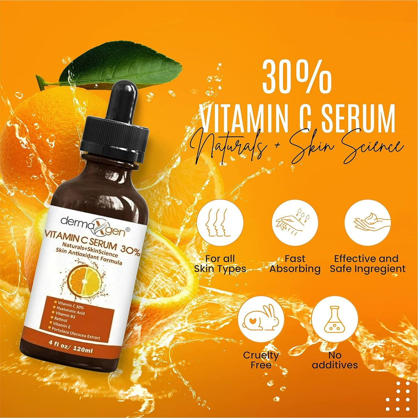 Dermaxgen 30% Vitamin C Serum (4 Fl OZ) Organic Anti- Wrinkle + Hyaluronic Acid + Retinol + Vitamin E + Vitamin B, Facial Serum for Anti-aging, Wrinkles, And Fine Lines