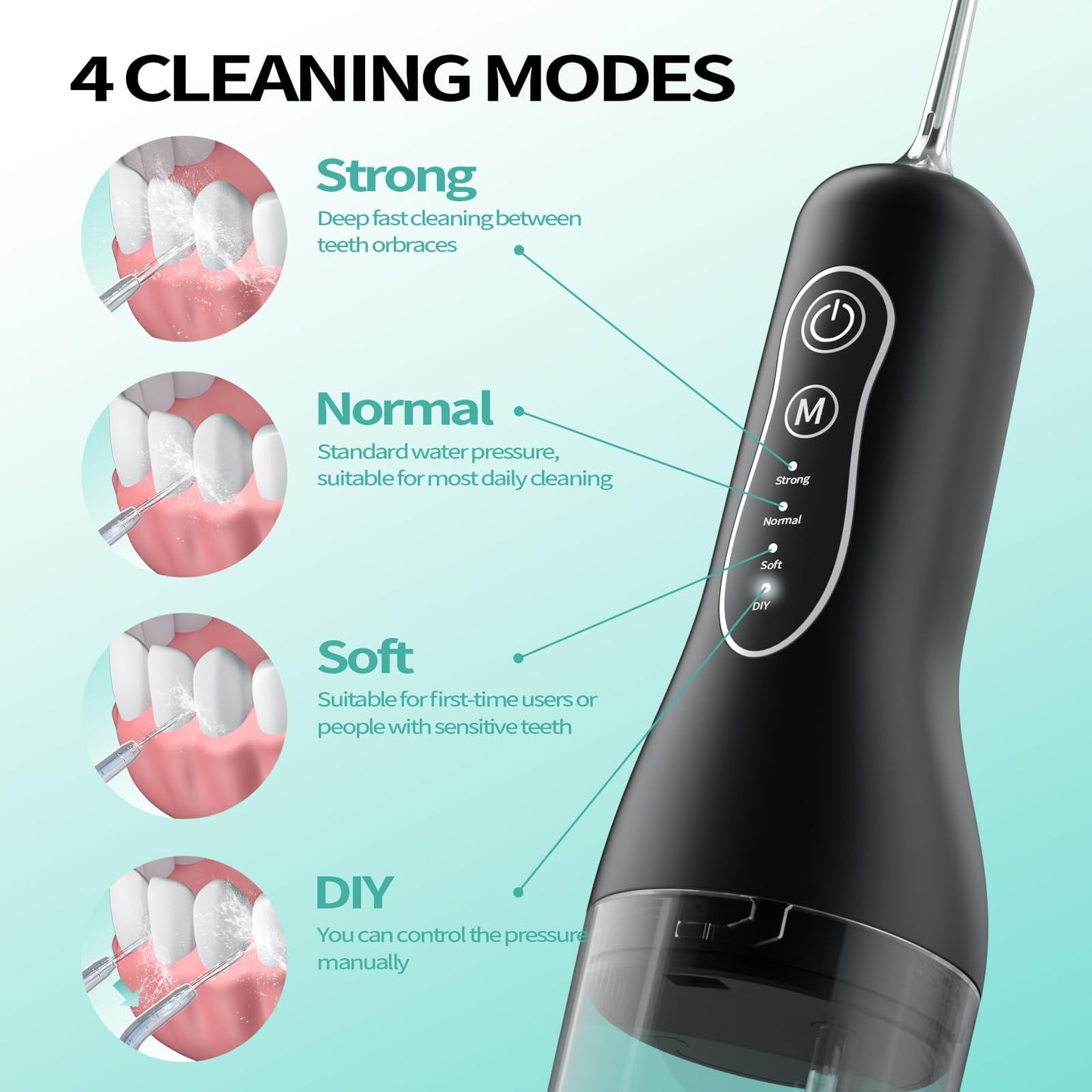 Dermaxgen inc Cordless Water Flossers for Teeth Braces Care, Portable Travel Dental Floss 4 Modes 260ML Rechargeable Oral Irrigator with 5 Jet Tips, Black