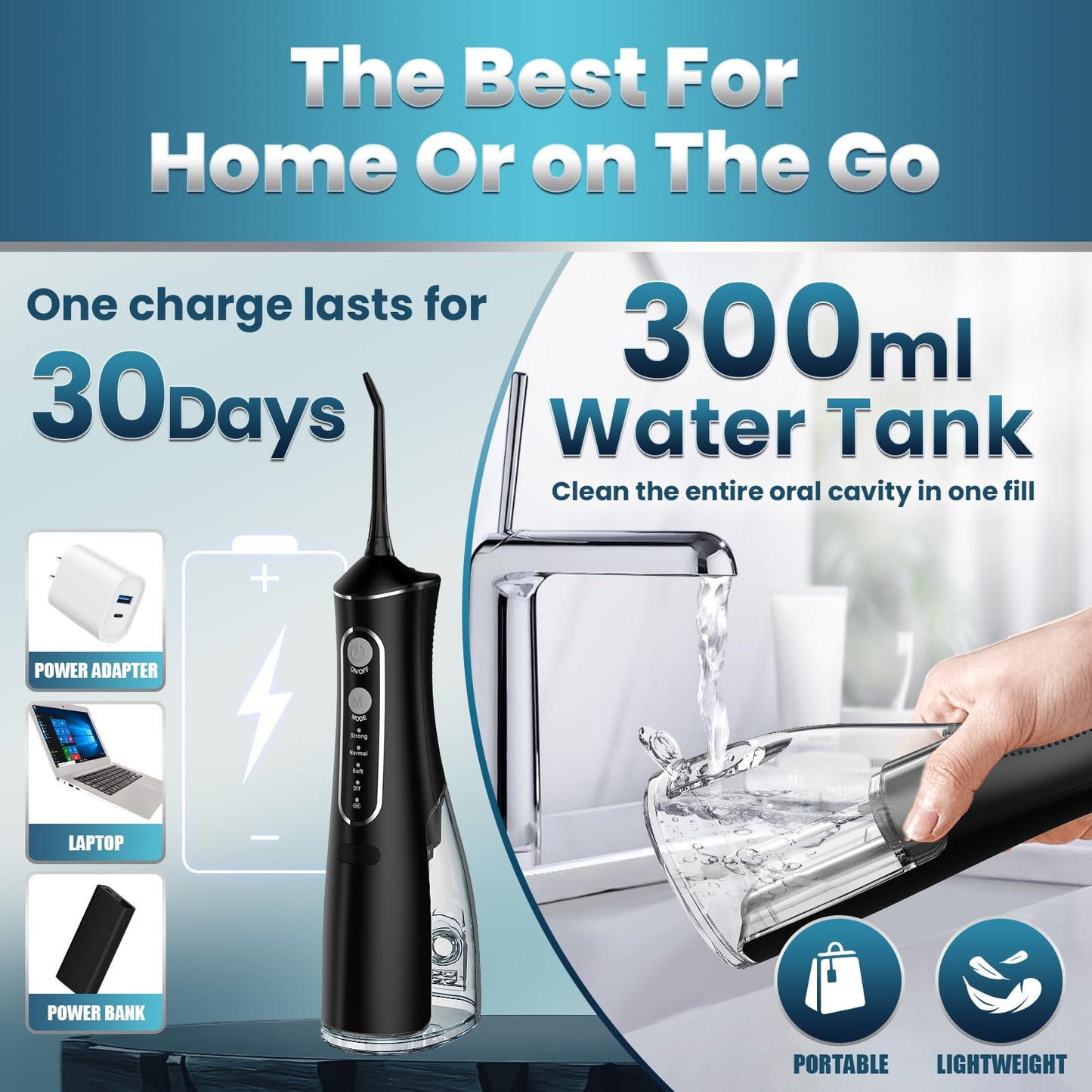 Dermaxgen inc Water Flosser for Teeth Cleaning and Flossing, Portable Cordless Water Picks, Dental Floss 300ML Rechargeable Oral Irrigator with 5 Jet Tips for Home Travel Office, Black