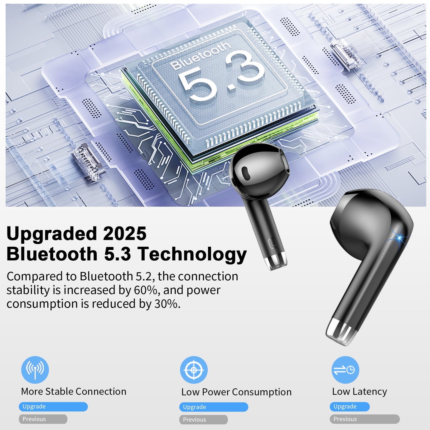 Wireless Bluetooth Earbuds Noise Cancelling in Ear Buds Deep Bass Stereo, 50H Playtime with Mics, LED Display, IPX7 Waterproof USB-C Earphones for iphone Android Laptop, Black