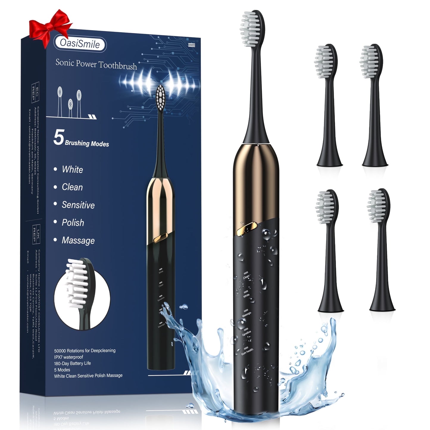 Dermaxgen inc Sonic Electric Toothbrush for Adults, Patented Design 50000 VPM Deep Clean 5 Modes 120-Day Battery Toothbrush with 4 Brush Heads, Black