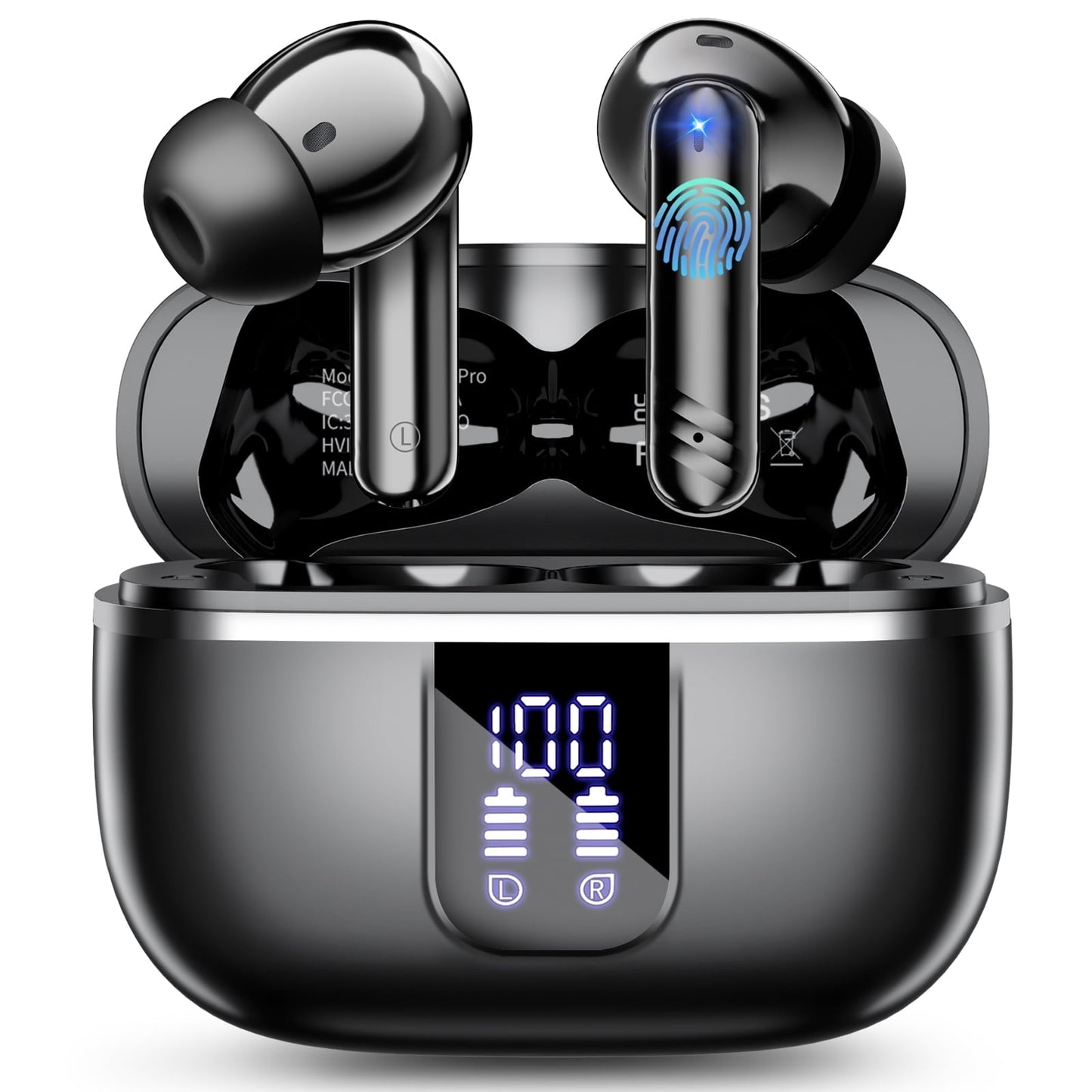 Dermaxgen inc Wireless Bluetooth Earbuds, Noise Cancelling Headphones with Deep Bass Stereo, 38H Playtime, LED Display, Waterproof in Ear Buds Earphone with Mic for iPhone Android Sports Workout, Black