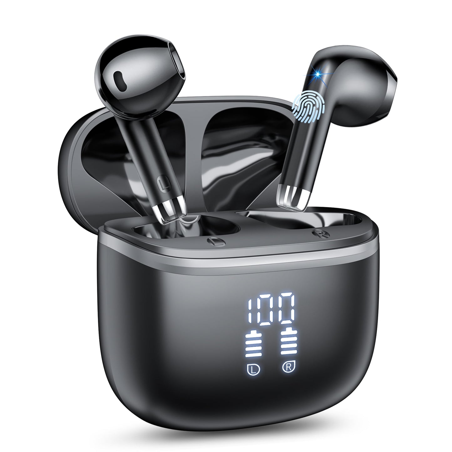 Wireless Bluetooth Earbuds Noise Cancelling in Ear Buds Deep Bass Stereo, 50H Playtime with Mics, LED Display, IPX7 Waterproof USB-C Earphones for iphone Android Laptop, Black