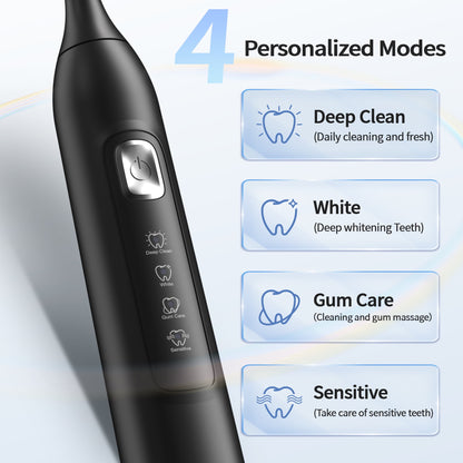 Dermaxgen inc Sonic Electric Toothbrush for Adults, Rechargeable Travel Tooth Brush with 6 Brush Heads, 42000 VPM Deep Clean 4 Modes 120-Day Battery, Black