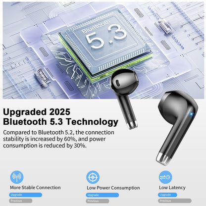 Wireless Bluetooth Earbuds Noise Cancelling in Ear Buds Deep Bass Stereo, 50H Playtime with Mics, LED Display, IPX7 Waterproof USB-C Earphones for iphone Android Laptop, Black