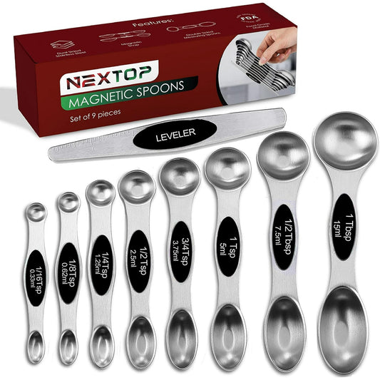 NEXTOP Magnetic Measuring Spoons Set of 9 Stainless Steel Dual Sided Stackable Measuring Spoons Black