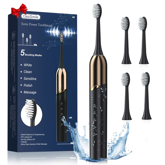 Dermaxgen inc Sonic Electric Toothbrush for Adults, Patented Design 50000 VPM Deep Clean 5 Modes 120-Day Battery Toothbrush with 4 Brush Heads, Black