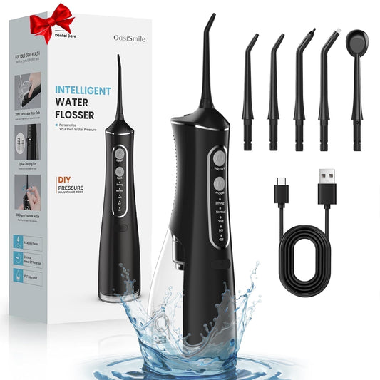 Dermaxgen inc Water Flosser for Teeth Cleaning and Flossing, Portable Cordless Water Picks, Dental Floss 300ML Rechargeable Oral Irrigator with 5 Jet Tips for Home Travel Office, Black