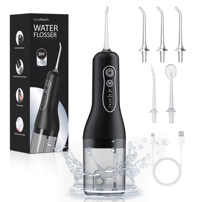 Dermaxgen inc Cordless Water Flossers for Teeth Braces Care, Portable Travel Dental Floss 4 Modes 260ML Rechargeable Oral Irrigator with 5 Jet Tips, Black