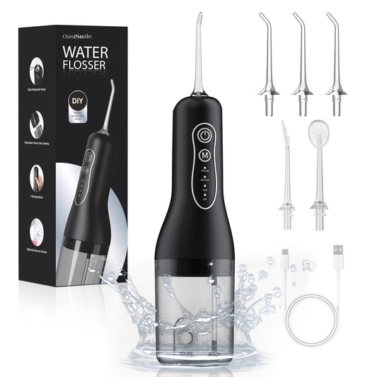 Dermaxgen inc Cordless Water Flossers for Teeth Braces Care, Portable Travel Dental Floss 4 Modes 260ML Rechargeable Oral Irrigator with 5 Jet Tips, Black