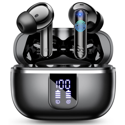 Dermaxgen inc Wireless Bluetooth Earbuds, Noise Cancelling Headphones with Deep Bass Stereo, 38H Playtime, LED Display, Waterproof in Ear Buds Earphone with Mic for iPhone Android Sports Workout, Black