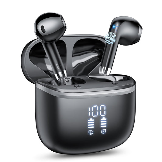 Wireless Bluetooth Earbuds Noise Cancelling in Ear Buds Deep Bass Stereo, 50H Playtime with Mics, LED Display, IPX7 Waterproof USB-C Earphones for iphone Android Laptop, Black